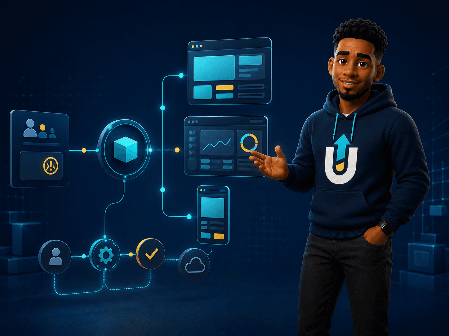Umo presenting Uptrix Build's connected website, software, mobile app and business automation process