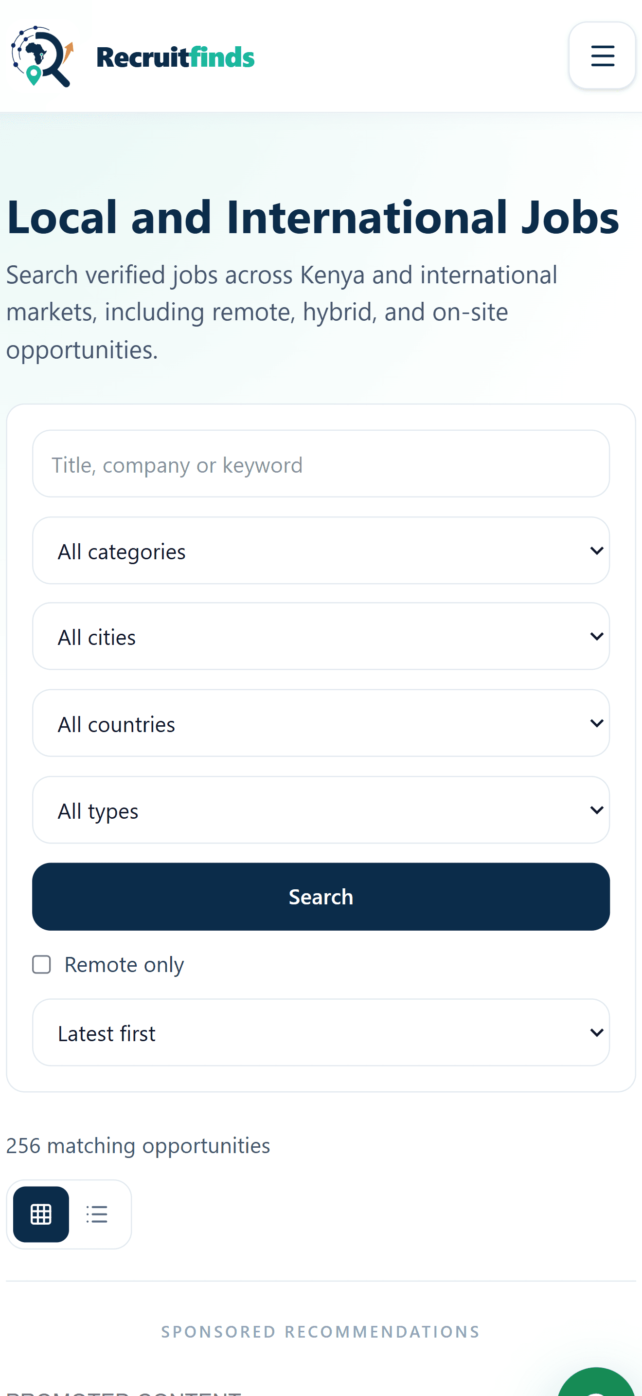 Recruitfinds mobile interface