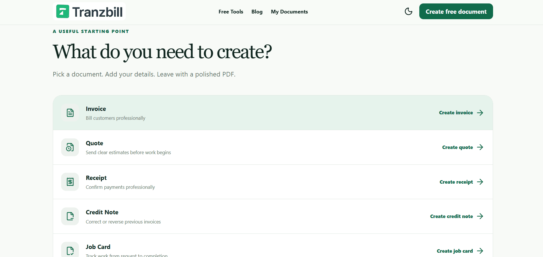 Tranzbill document creation tools on desktop