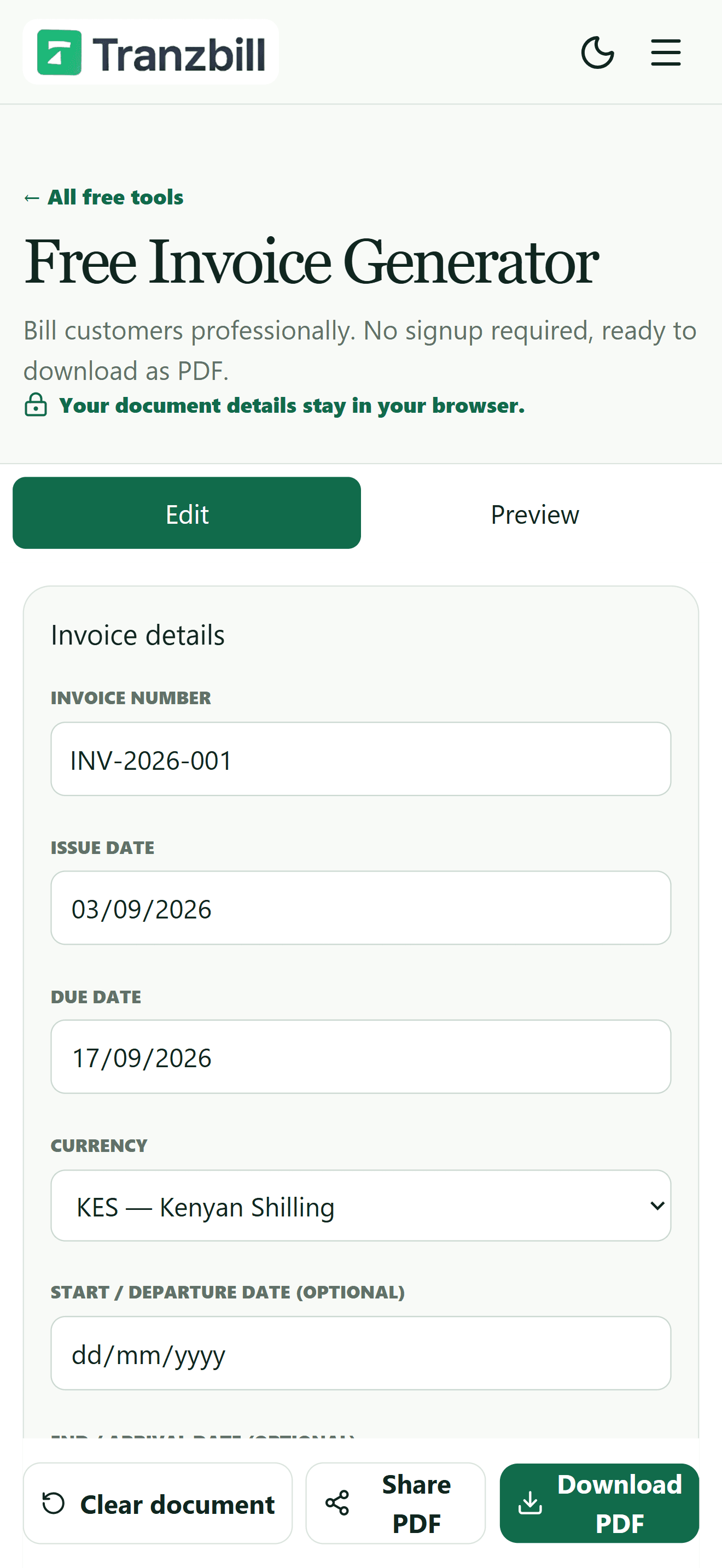 Tranzbill invoice generator workflow on a mobile device